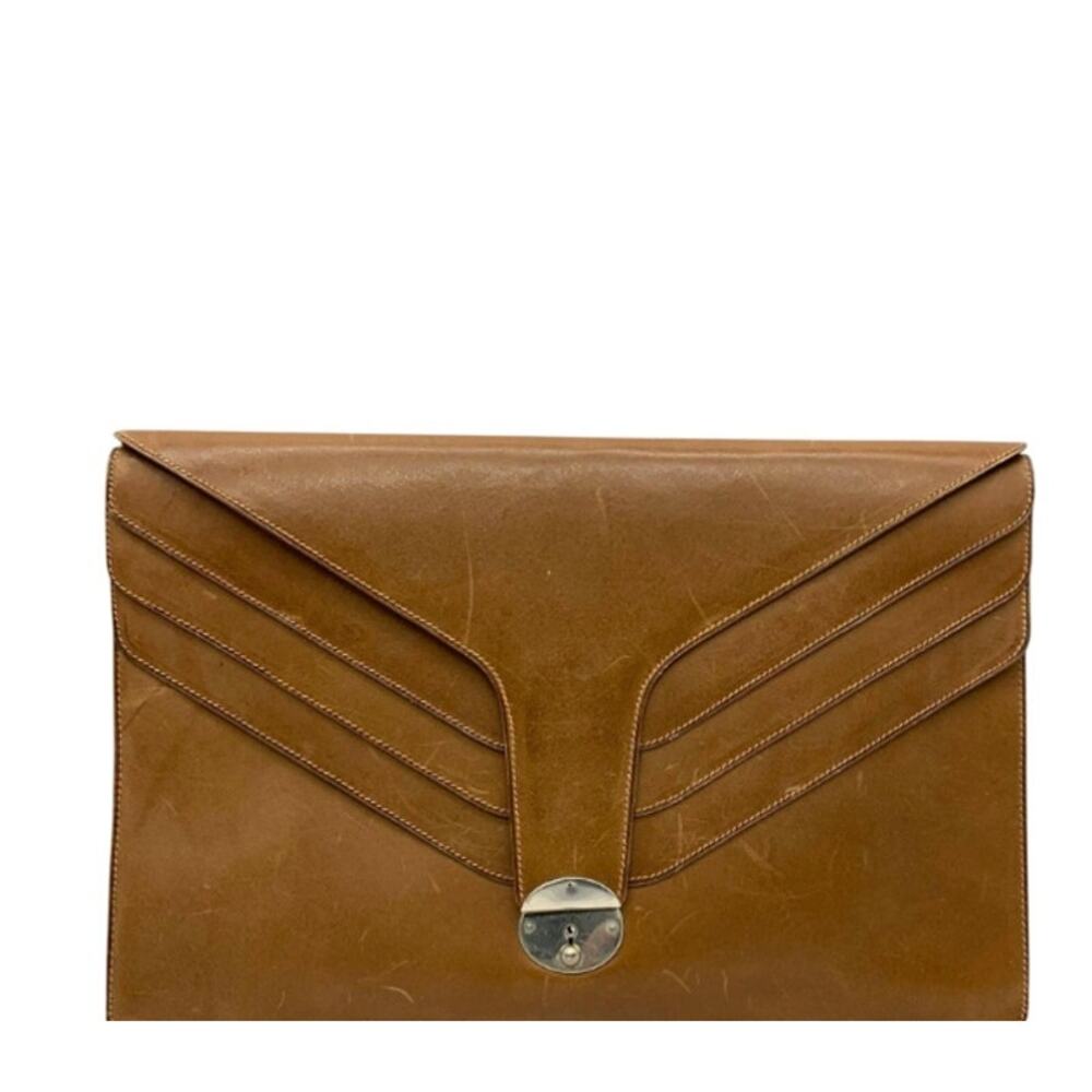 Vintage Gucci Tan Leather Envelope Clutch Bag Silver Push Lock Italy w/ COA